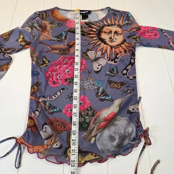 Desigual Women's M Sheer Mesh Top Blue Celestial Nature L/S Ruched Lettuce Edge - Picture 7 of 7